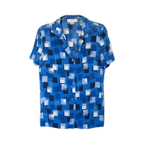 Katherine Kelly 100% Silk Blue Square Short Sleeve Button Down Blouse Women’s 12 - Picture 1 of 8